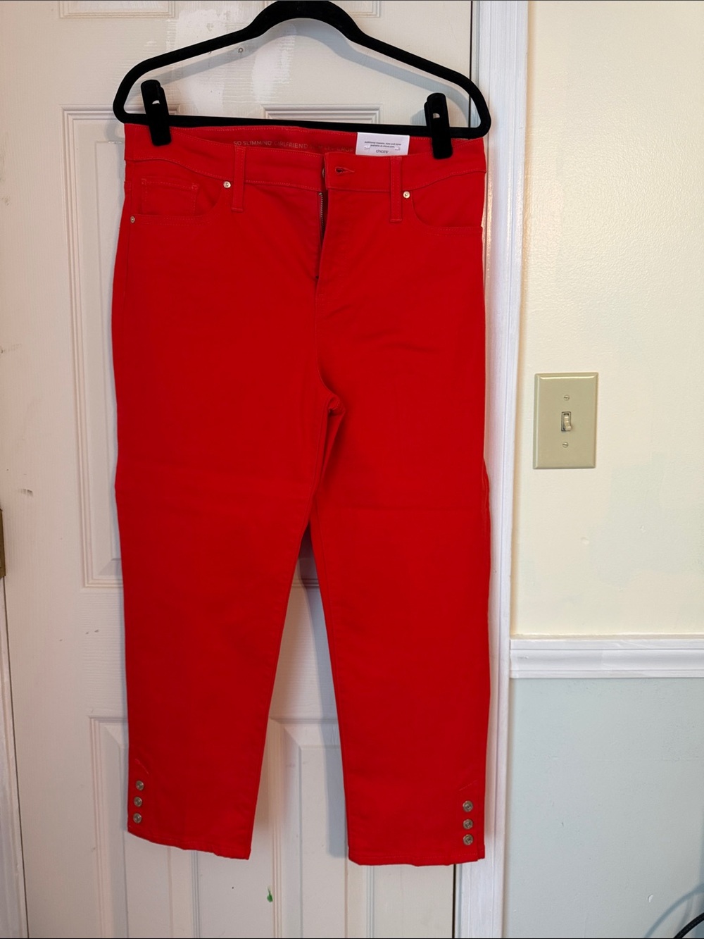Chico's Bold Red So Slimming Girlfriend Slim Leg Cropped Jeans with Hem Buttons